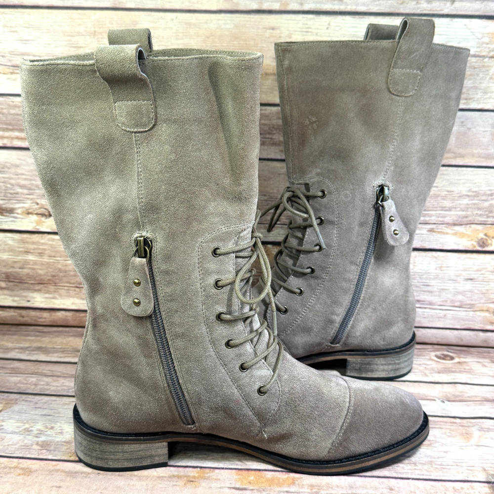 Chocolat Blu Womens Taupe Suede Leather Mid-Calf Lace-Up Cap Toe Boots 37/7 - Picture 5 of 9
